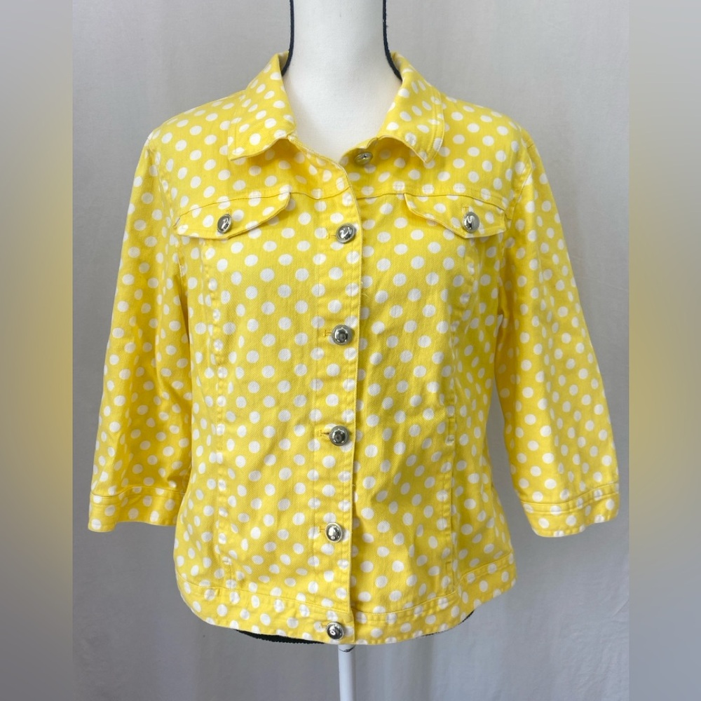 Christopher & Banks Yellow White Polkadot Jean Jacket Silver Buttons Petite MED